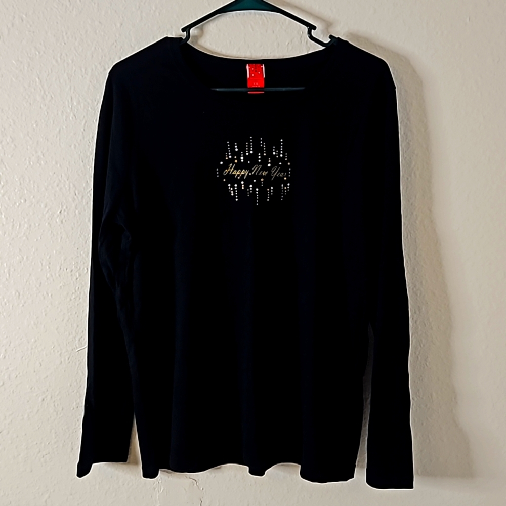 T-Shirt For Women. Black  with Happy New Year On It, & Gold &  Silver Studs. XXL